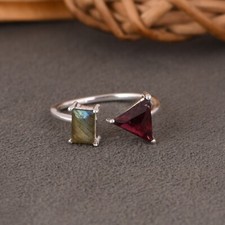 925 Sterling Silver Engagement Ring Gift For Her With Labradorite & Garnet