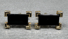Vintage Rectangular Onyx Yellow Gold Plated Cuff Links