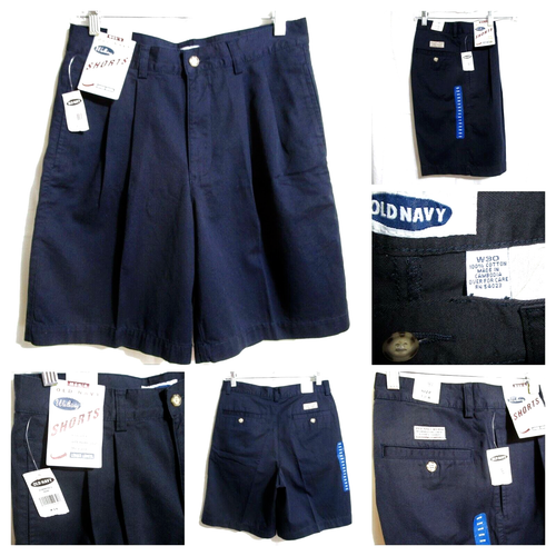 Old Navy pantaloncino uomo taglia 30 plissettato davanti blu scuro cotone 9" cuciture interne vintage nuovo - Foto 8 di 11