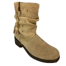 Coolway Boots Womens Sz 10.5 Tan Beige Suede Leather Slouchy Ankle Tassels