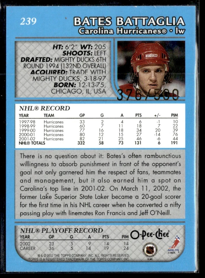 2002-03 O-Pee-Chee premeir blue Bates Battaglia /500 #239 H3R2H - Image 2 of 2