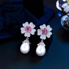 Flower Pearl Drop Earrings Silver Plated CZ for Lover Brides Popular Jewellery