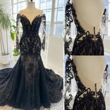 Gothic Black Mermaid Wedding Dresses V Neck Long Sleeves Backless Appliques