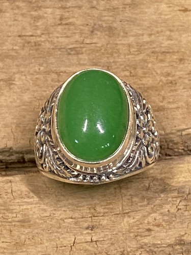 925 STERLING SILVER CABACHON JADE FILLAGREE RING - Picture 10 of 12