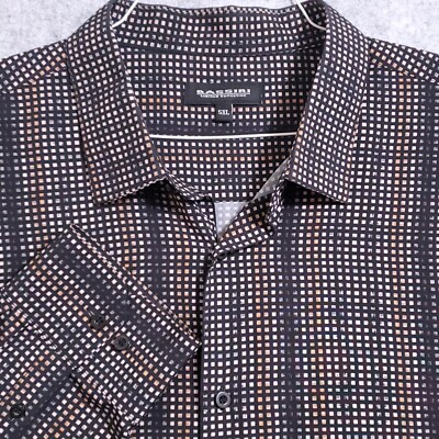 BASSIRI MENS SHIRT NEW 5XL BLACK TAN DIGITAL CHECK PLAID MICROFIBER NEAR MINT