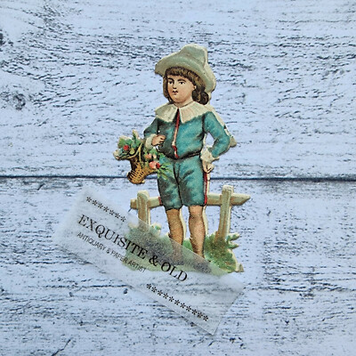 um 1900 Junge Hut Kind Blumen Victorian Glanzbild Prägedruck Luxuspapier Vintage