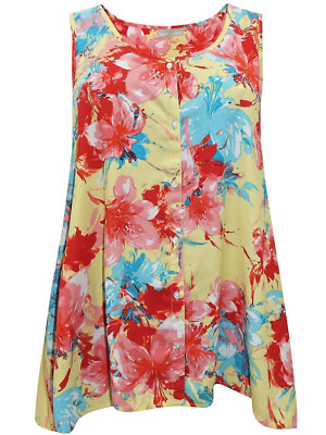 Woman Within Sommerbluse Größe L 20 22 gelb Blumenmuster hoch niedrig Knopfleiste TOP 