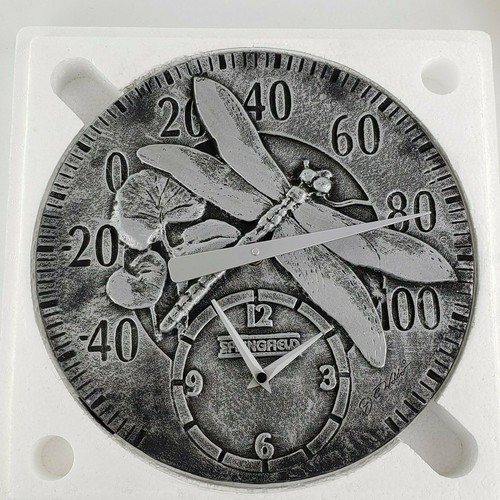 Rare New Vintage Springfield Dragonfly 12" Aluminum Metal Thermometer Clock - Picture 3 of 8
