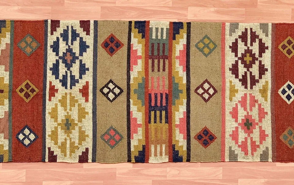 Runner Wool Jute Rug Hand Block Print Handmade Carpet Rug Bedside Home Decor Mat - Image 3 of 4