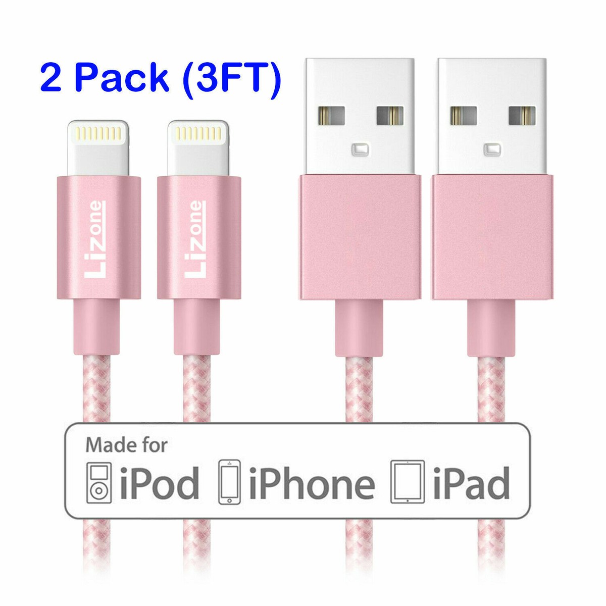 2X Lightning Cable 3ft iPhone iPad iPod Charger Cord MFi Certified Nylon  Rose