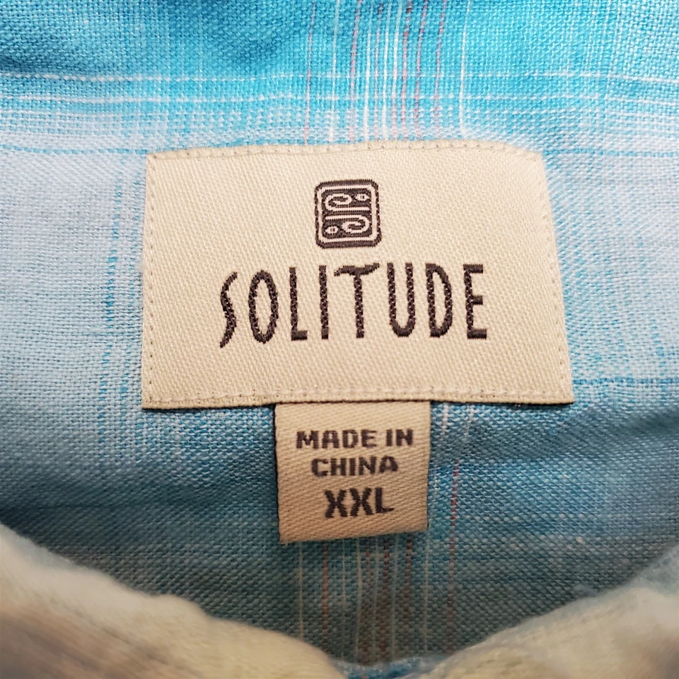 Solitude Shirt Men XXL Blue Plaid Linen Blend Short Sleeve Summer Comfort Casual - Image 4 of 4