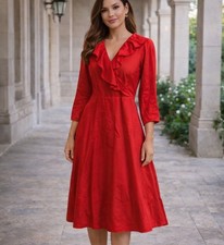 H&M Red Flouce Neckline Dress Midi Size XS Elegant Cocktail