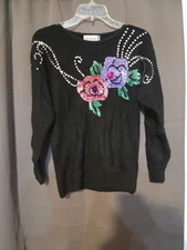 Diversity Angora Sequin Sweater, Beaded Floral Knit Women's Petite Small Sweater