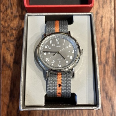 Timex Weekender Indiglo Gray Dial Orange Stripe Fabric Strap Watch Box