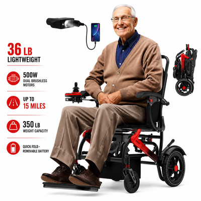 36LB Lightweight Foldable Electric Wheelchair for Adults 15Mile Airline Approved