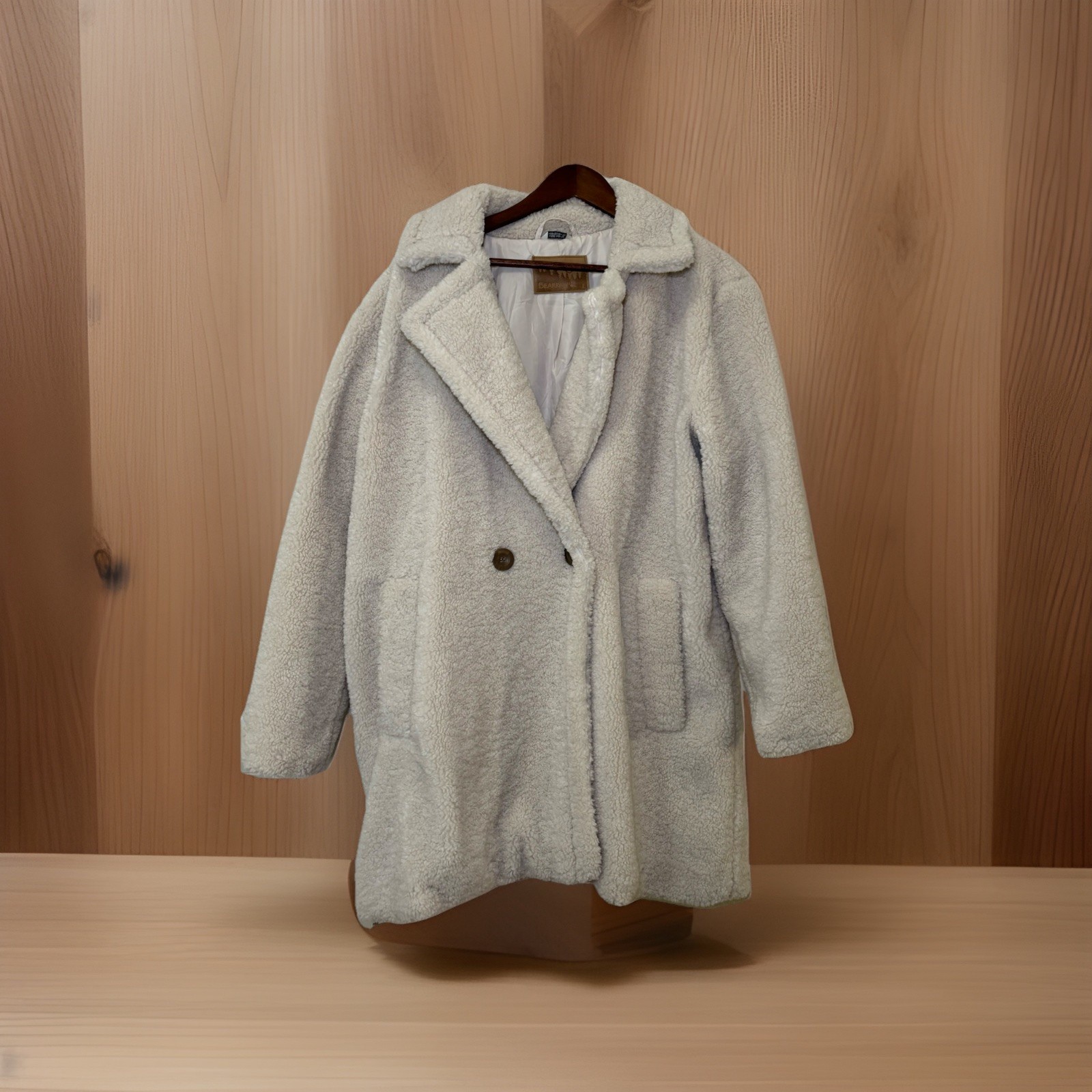 Bearpaw women's L Sherpa Fleece Mid Length Coat double breasted Cream teddy