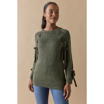 Audrey Parks Francescas Olive Lace-Up Ribbon Sleeve Knit Sweater L Coquette