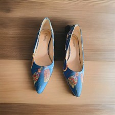 Pumps, dunkelblau/bunt, Stoffbezug, Größe 38, Blockabsatz
