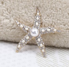 Gold Tone Starfish Sea Life Brooch Pin White Simulated Pearl Center Metal