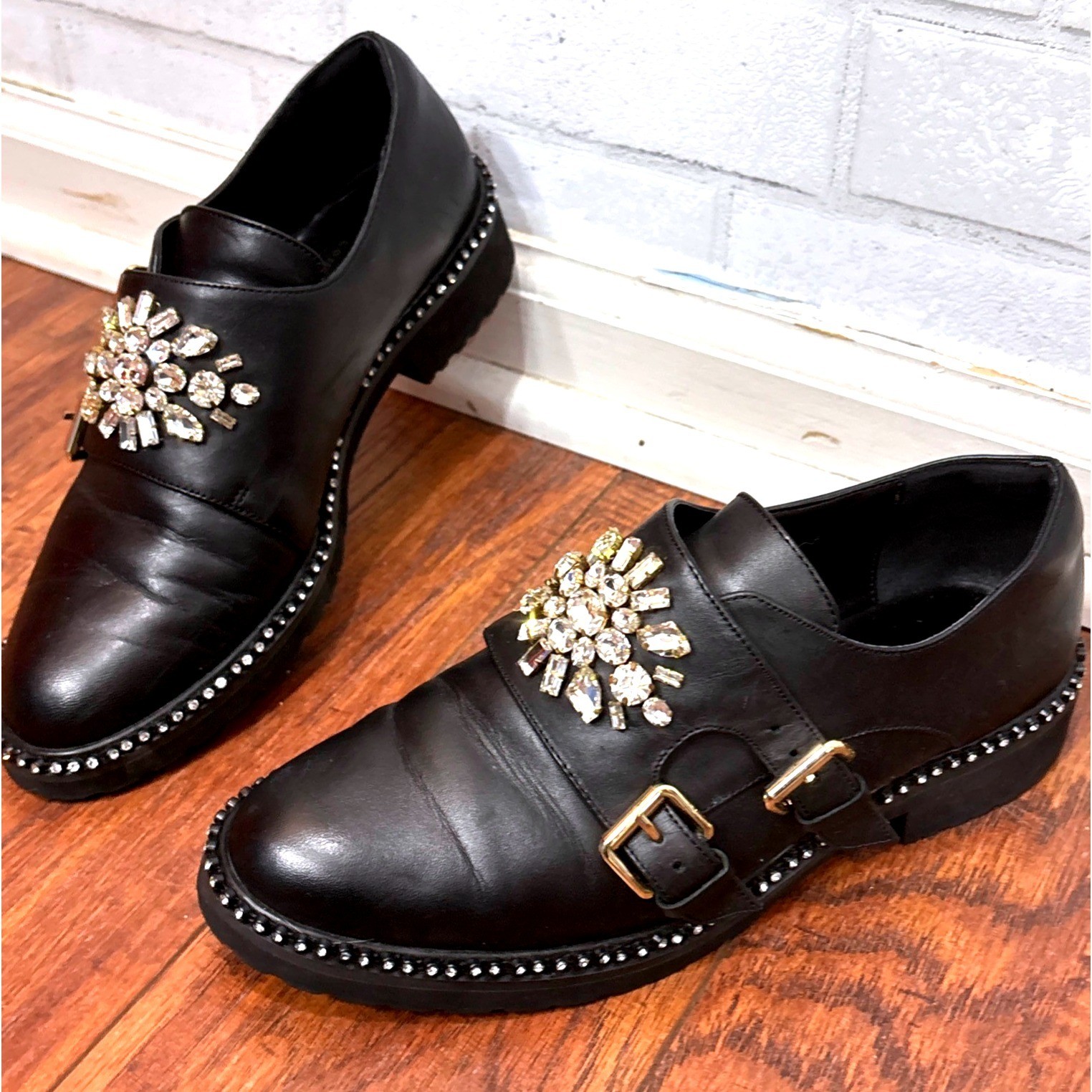 Kurt Geiger London Leather Loafers 38 US 7.5 Jewel Buckle Monk Strap Embellished