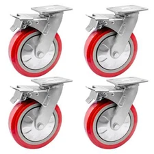 4 Pack 8" Heavy Duty Caster Wheel Swivel Plate Maroon PU With Brake Wheels