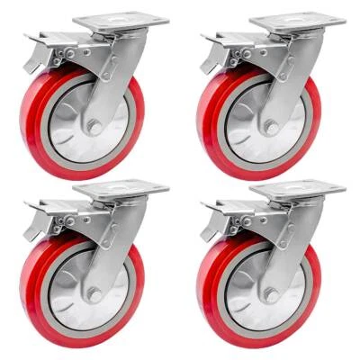 FACTORDUTY 4 Pack 8" Heavy Duty Caster Wheel Swivel Plate Maroon PU With Brake Wheels