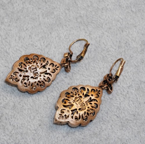 Fashion Drop Copper Earrings TUR Signed Green Glass Teardrop Clear Rhinestones - Picture 5 of 8