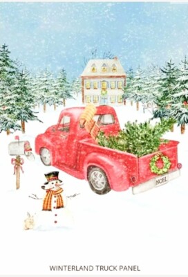 David Textiles - Winterland Red Truck Snowman Quilting And Crafting Panel   