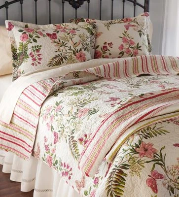BUTTERFLIES 3p Full Queen QUILT SET : BUTTERFLY GARDEN CREAM PINK FLOWER COTTAGE