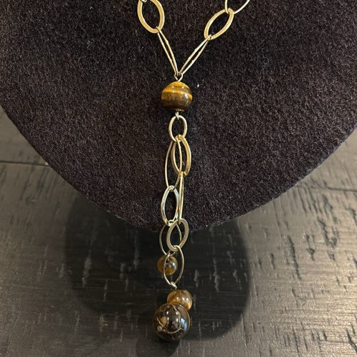Etienne Aigner Tigers Eye Dainty Gold Tone Chain Lariat Dangle Necklace - Picture 2 of 6