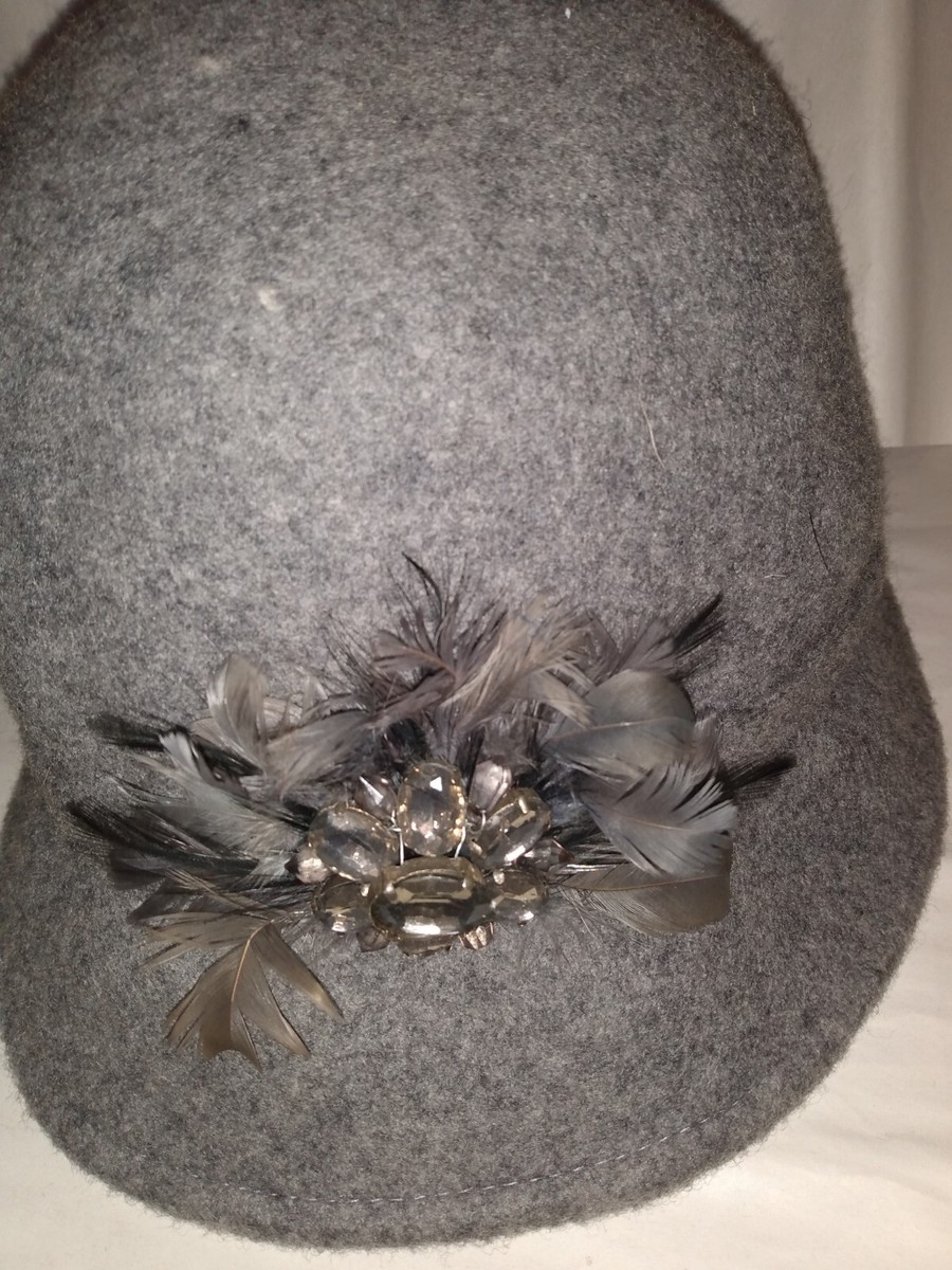 Callanan 100% Wool 1920 Vintage Dark Gray Rhinestone Feathered Bucket Hat Felt Women main image 4