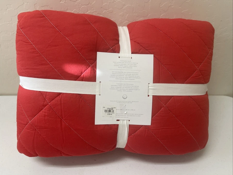 Pottery Barn Sutter Quilt Full Queen Diamond Stiched Red - Image 4 of 4