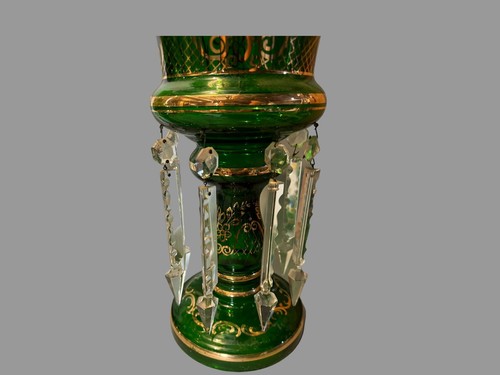 Pair of Antique Victorian Emerald Green Art Glass Mantle Lusters w Prisms - Picture 7 of 11