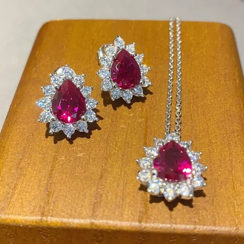 Pear Cut Lab-Created Red Ruby Fancy Necklace Earrings Set 14k White Gold Plated - Picture 3 of 10
