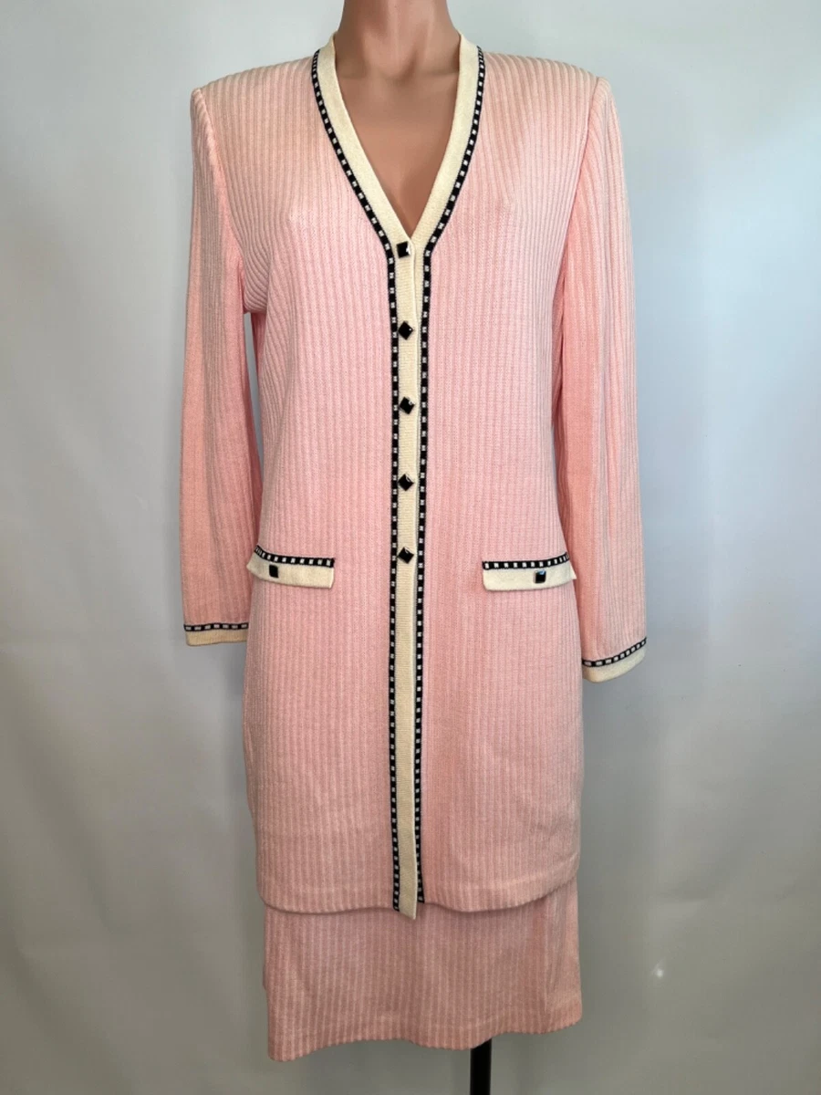 Vintage St John knit pink black longline ribbed jacket skirt suit