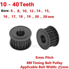 HTD 8M Timing Belt Pulley 6-28mm Bore,10-40T,for 25mm Wide Belt,3D Printer Black