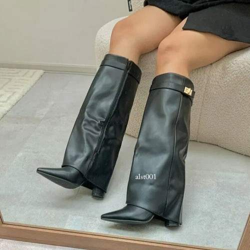 Womens Thick Heel Pointed Toes Straight Tube Metal Buckle Long Boots Large Size