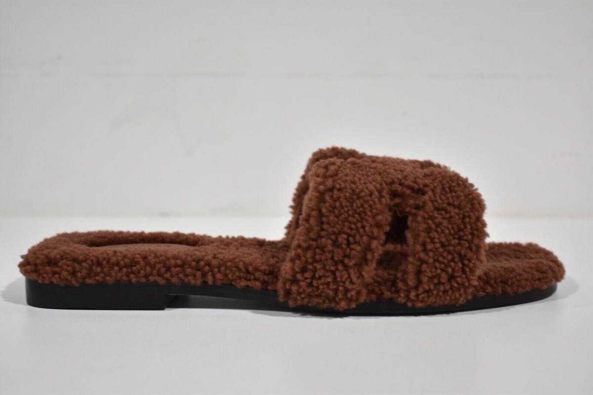 Hermes Oran Teddy Shearling Fur Brown H Logo Slide Sandal Mule