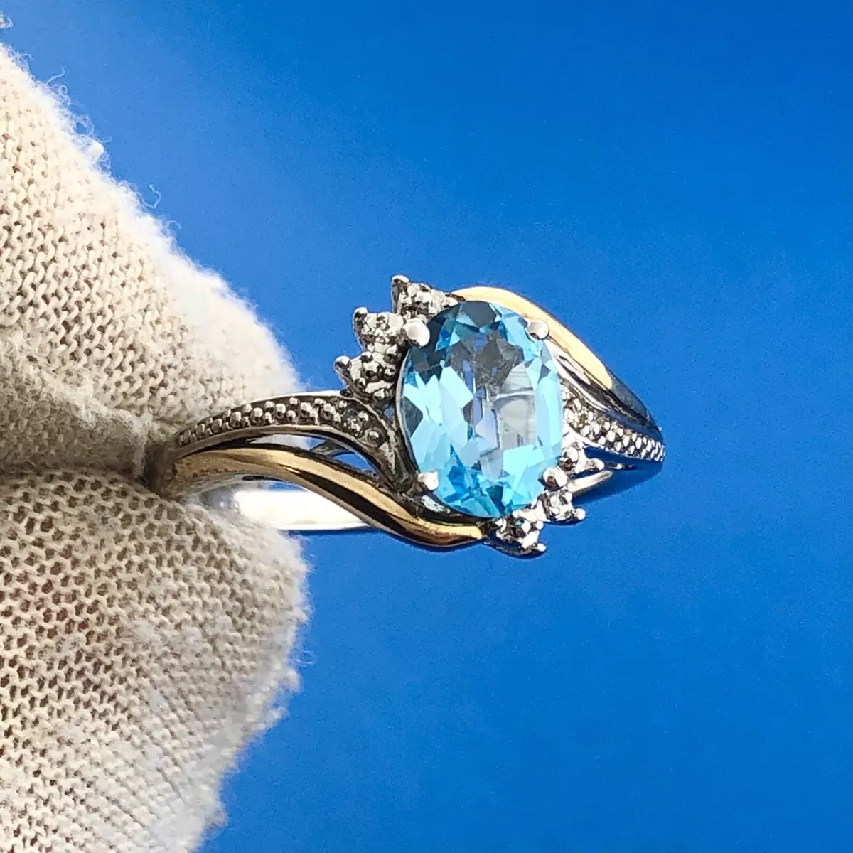 Lovely Modernistic Sterling Silver 925 10k Blue Topaz Diamond Ring Size 6.75