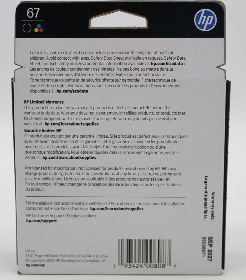 HP 67 2-pack Black/Tri-color Original Ink Cartridges - EXP 09/2027