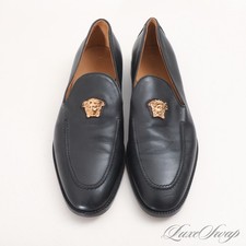 LNWOB Versace Made in Italy Black Leather Gold Vanitas Medusa Loafers Shoes 46