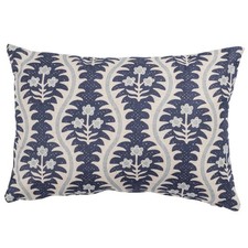 Scalloped Floral Block Print Boudoir Cushion. Indigo Blue Cotton-Linen. 17x12"