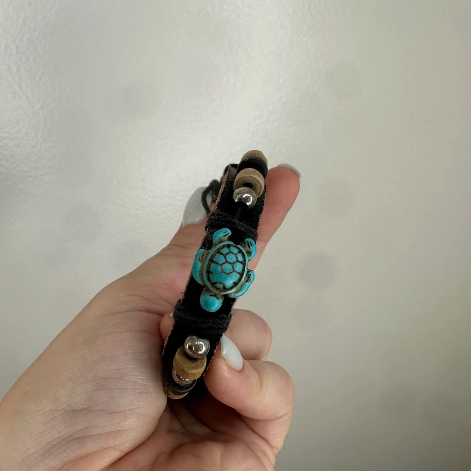 Pulsera de Cuero Turquesa Tortuga Cuentas Boho Hippie Cordón Ajustable Foto 3 de 4