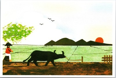 Philippines Carabao Water Buffalo Farmer Rice Paddy Field German Art Postcard