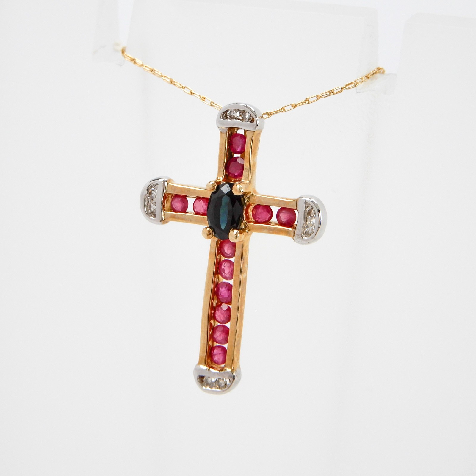 Solid 10K Yellow Gold Ruby Cross Pendant & Chain … - image 1