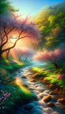 Digital Art Image Nature Landscape Spring Flowers River Wallpaper Desktop Decor 