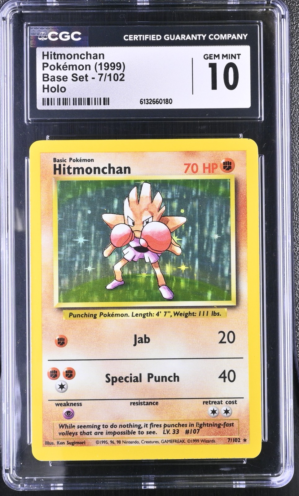 Pokemon Card Hitmonchan 7/102 Holo Foil Base Set 1999 CGC 10 GEM MINT