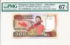 Banky Foiben i Madagascar 500 Francs=100 Ariary ND(1988-93) Specimen PMG  67EPQ