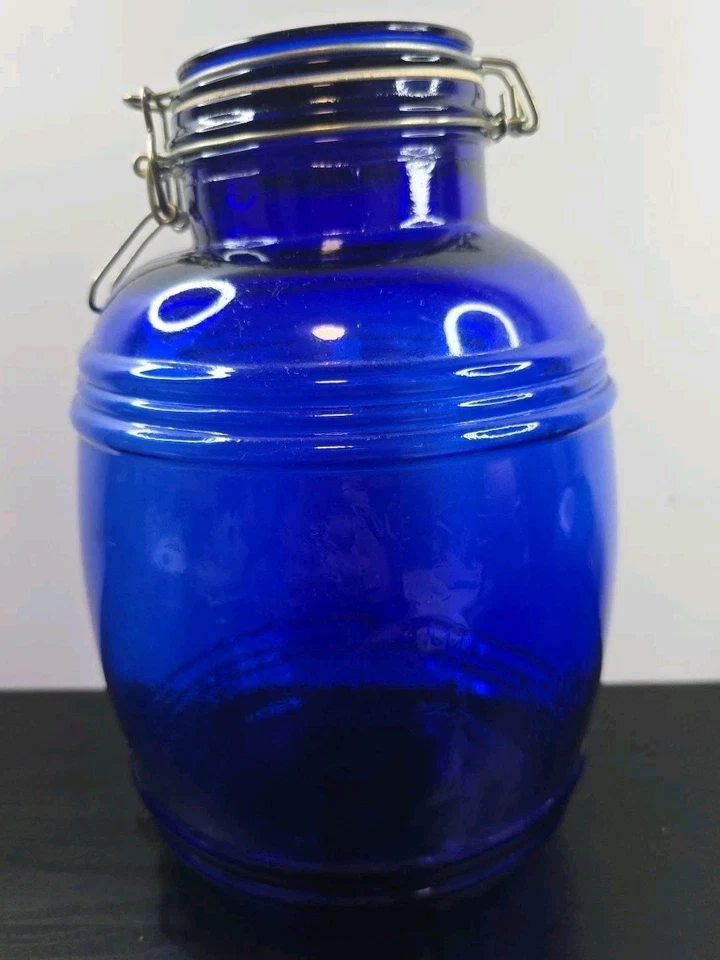 Cracker Barrel Style Cobalt Blue Glass Cannister 4 QT Bail Lid Closure - Image 2 of 4