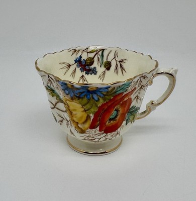 Aynsley Footed Floral Teacup England C508 Poppies Cornflower Scalloped Edge